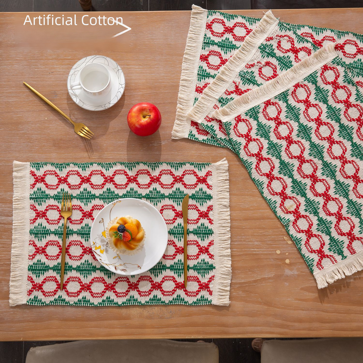 New Christmas Table Mat Cotton Tassel Heat Insulating Double Color Striped Woven Dinner Mat Bohemian Style Western Table Mat