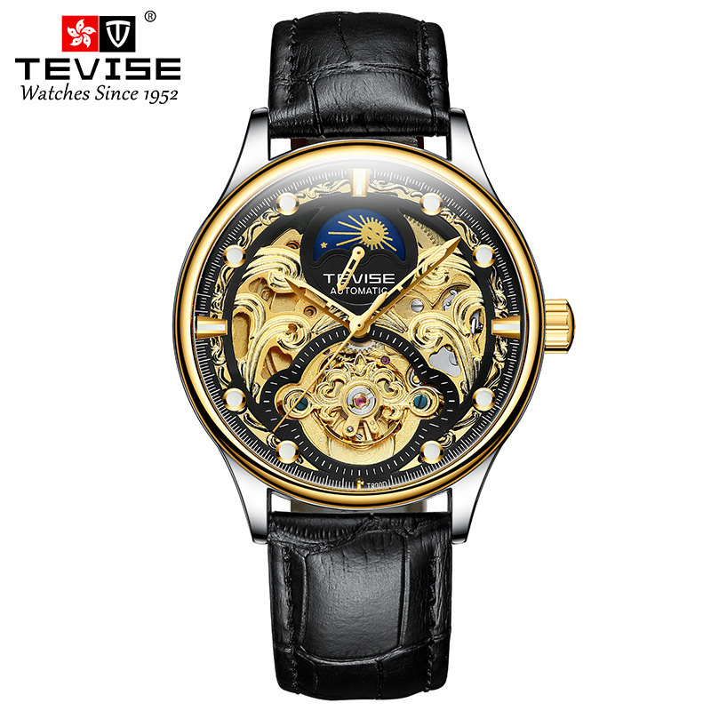 TEVISE reloj mecánico automático casual para hombres hueco transparente fase lunar volante reloj mecánico para hombres T820D