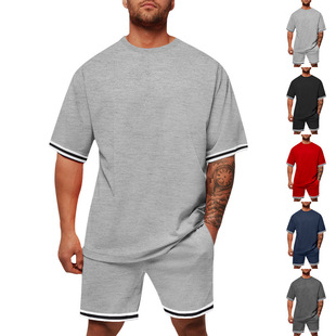 2024 Cross-border Independent Station Summer Men's Loose suit Short-sleeved Shorts Sports Casual Crewneck Two-piece Set for Men