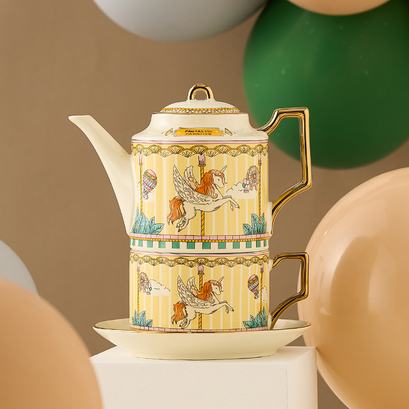 Juego de té de cerámica ins caja de regalo carrusel tetera británica taza y platillo de café dorado de Amazon