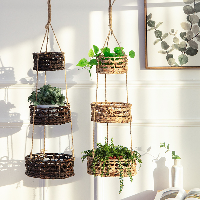Hanging Basket Flower Pot Three-layer Straw Woven Round Gourd Grass Hemp Rope Woven Frame Balcony Garden Hollow Flower Pot