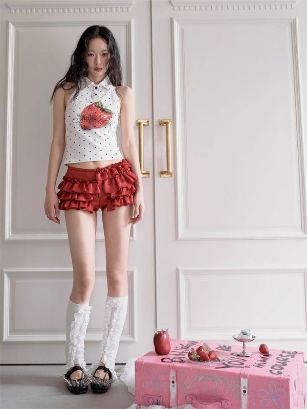 可爱少女黑白波点小恶魔角草莓辣妹挂脖露背背心上衣女装夏季新款|undefined