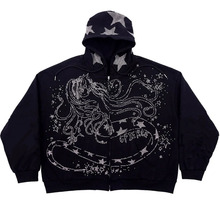 美式时尚亮片印花卡通图案潮流男女连帽卫衣复古百搭拉链宽松上衣