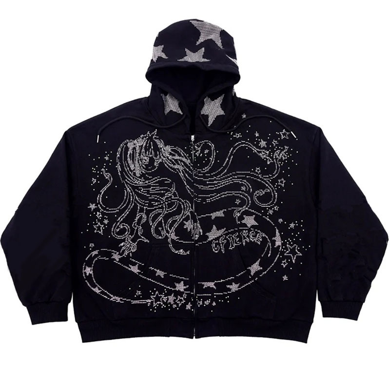 美式时尚亮片印花卡通图案潮流男女连帽卫衣复古百搭拉链宽松上衣