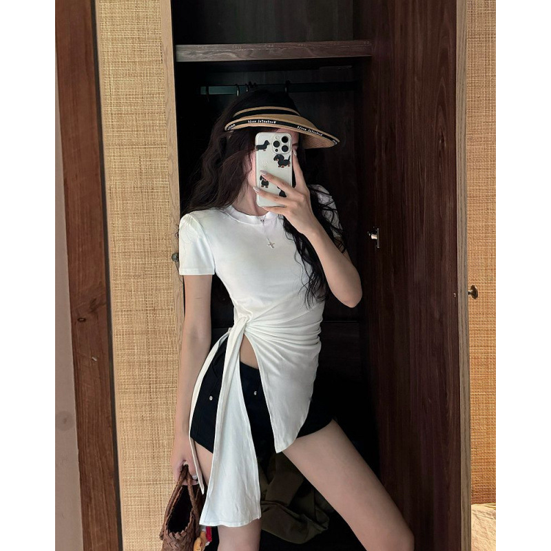 2026 Summer Spicy Girl Style Design Side Slit Tie Short-Sleeve Round Neck T-Shirt for Women, Waist-Cinching Slimming Padded Shoulder Top t 2026 Summer Spicy Girl Style Design Side Slit Tie Short-Sleeve Round Neck T-Shirt for Women, Waist-Cinching Slimming Padded Shoulder Top t