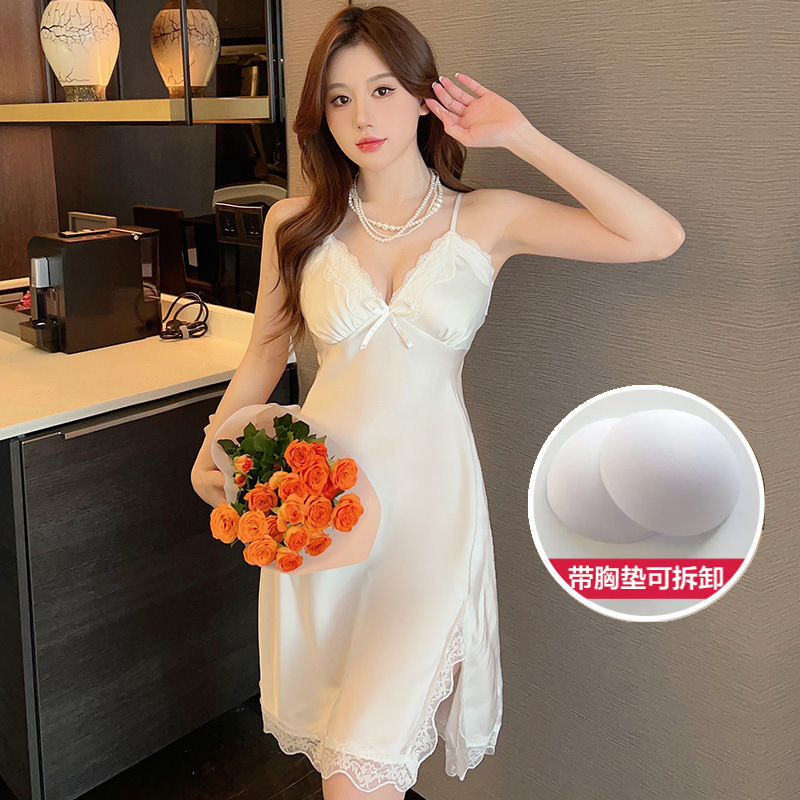 Pajamas Women's Summer Sexy Belt Chest Pad Sling Skirt Women's Summer Ice and Snow Silk Lace Pure Desire Nightgown Wholesale