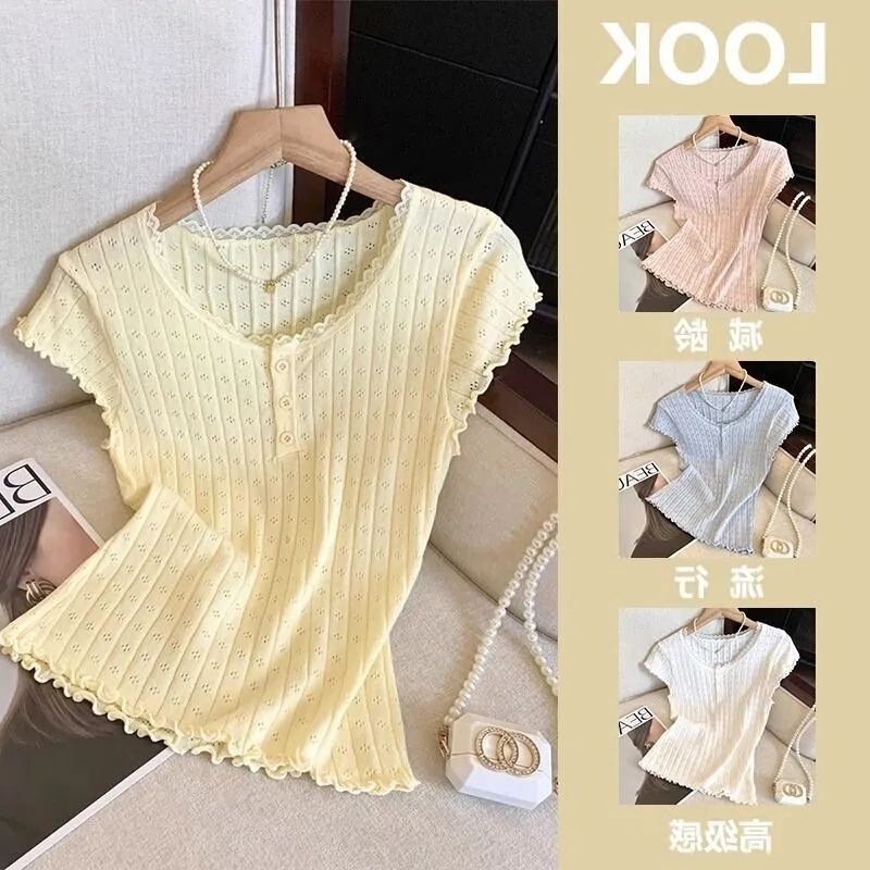 Simple and Comfortable Solid Color Lace Button Round Neck Sweater Short-Sleeved Summer New Sweet Slimming Top for Women