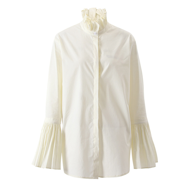 2024 Spring New Design High collar pleated cream casual shirt mid-length slimming versatile top for women