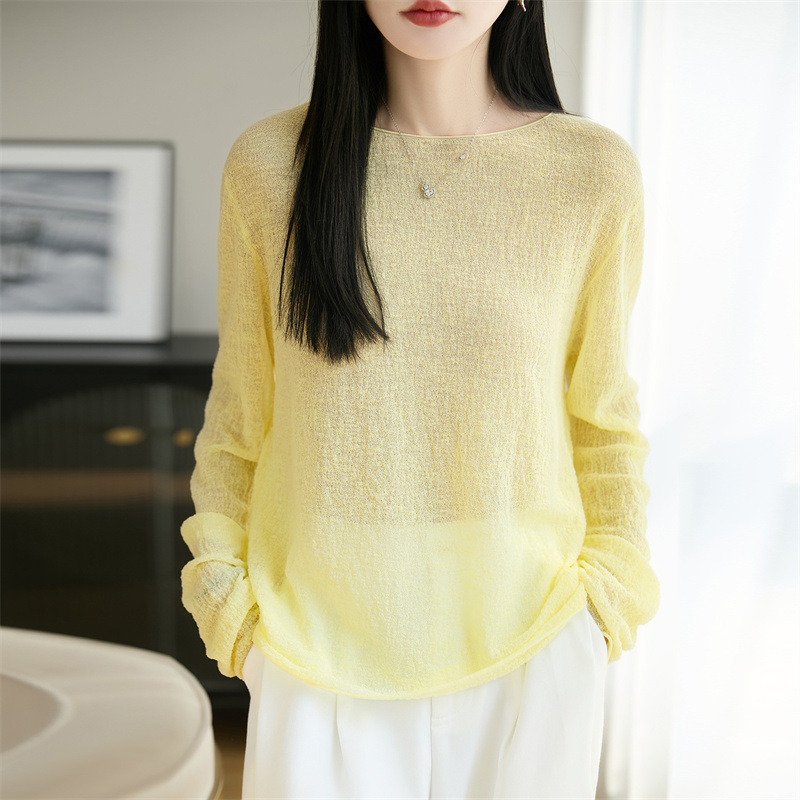 Textured Linen and Tencel Lazy Style One-Line Collar Knit Top for Women, Summer Fashion, Thin and Loose Oversized Cover-Up