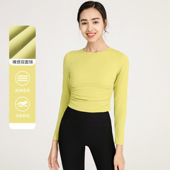 跨境歐美顯瘦輕盈裸感雙面錦褶皺瑜伽服女長袖緊身瑜伽上衣