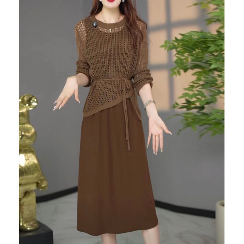 High-end Light Luxury Knitted Sweater Strap Skirt Two-piece Set plus size Flesh Covering Lace-up Knee Skirt suit 2024 Early Autumn New