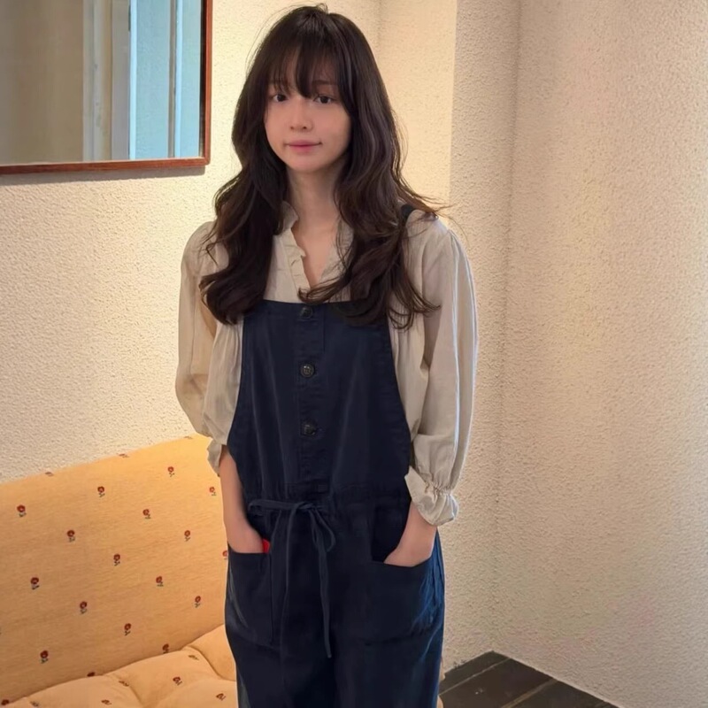 Now Available: Korean Designer Via Drawstring Overalls Jumpsuit + Ruffled Shirt Korean-Style Women's Retro Outfit