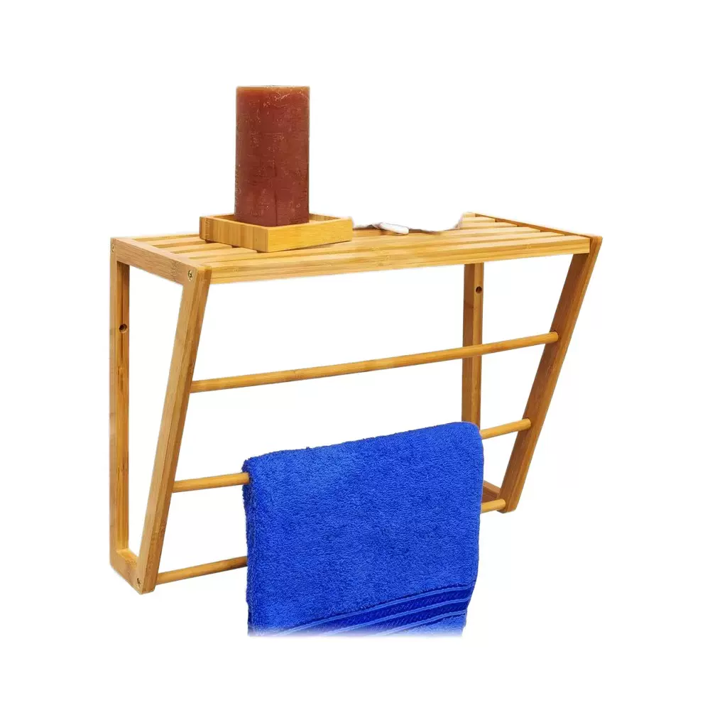 浴室用4层壁挂式竹毛巾架和搁板，带3根毛巾架