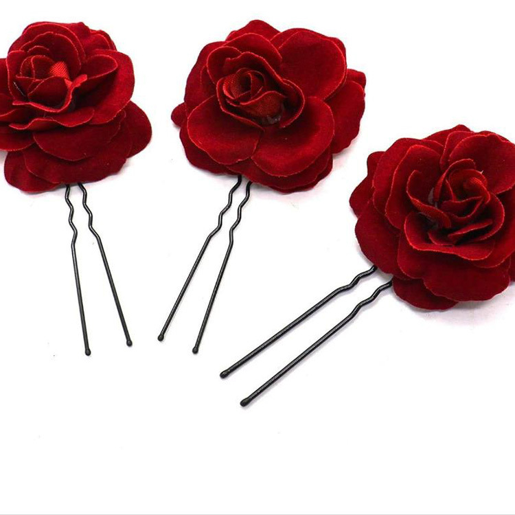 Tocado nupcial rosa roja cabeza flor horquilla clip en forma de U accesorios horquilla tostada Ropa Accesorios para el cabello boda femenina