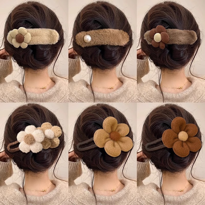 winter plush flower duckbill barrettes large hair clip side bang clip female 2024 new shark clip hairpin