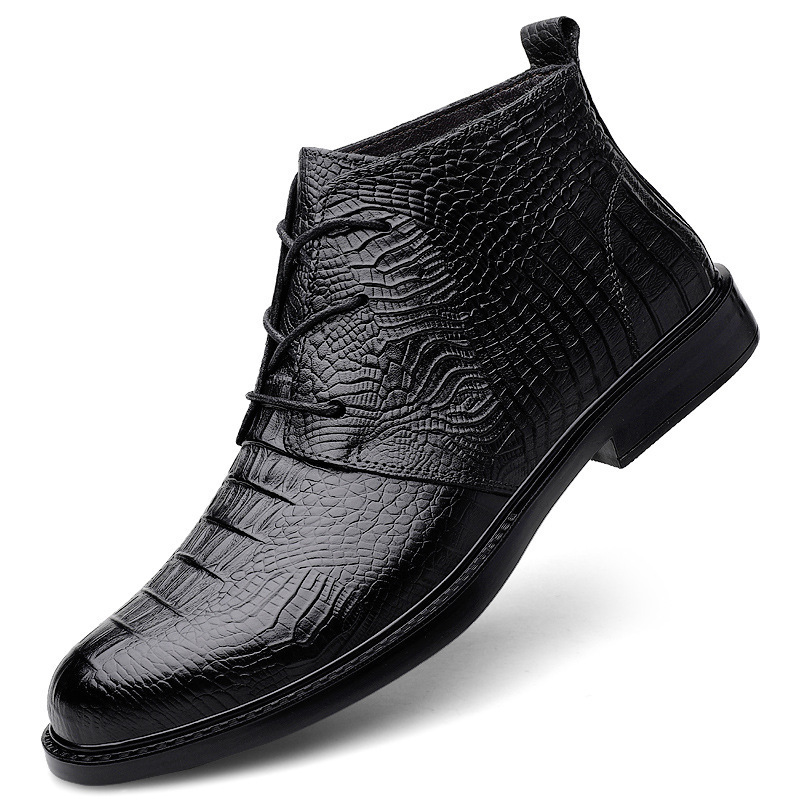Spring and Autumn Large Size Velvet High-Top Leather Shoes for Men, Crocodile Pattern First-Layer Cowhide Cotton Boots, Boots, British Work Boots, Snow Boots