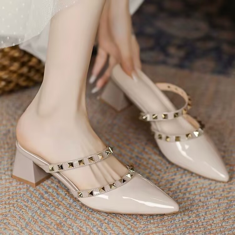 Ventas transfronterizas de remaches metálicos puntuales zapatos de talón grueso verano al aire libre usa moda europea y americana sexy zapatillas de talón alto image 3