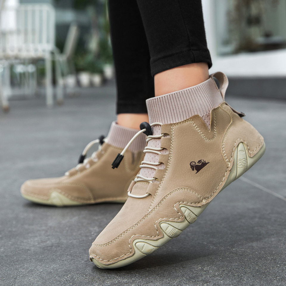 Bốt Martin cổ vừa unisex kiểu dây thun, đế bằng, form rộng — C8005 kaki, C8005 màu xám, C8005 màu đen, C8005M kaki lót nhung