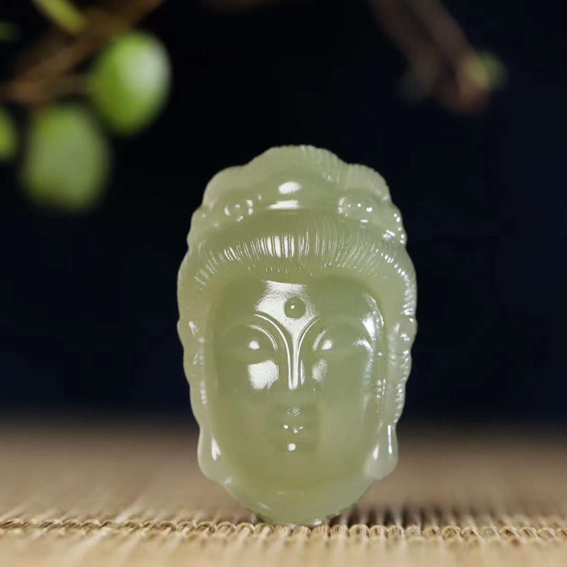 玉器工艺品天然新疆和田玉青海料老料浅湖水绿观音头吊坠男款挂件
