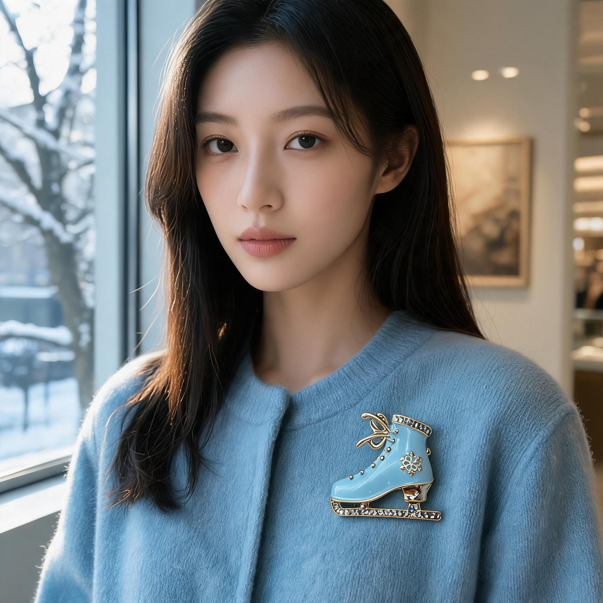 Winter ice skate brooch, enamel and rhinestone snowflake pin, Christmas coat and sweater accessory, a unique gift