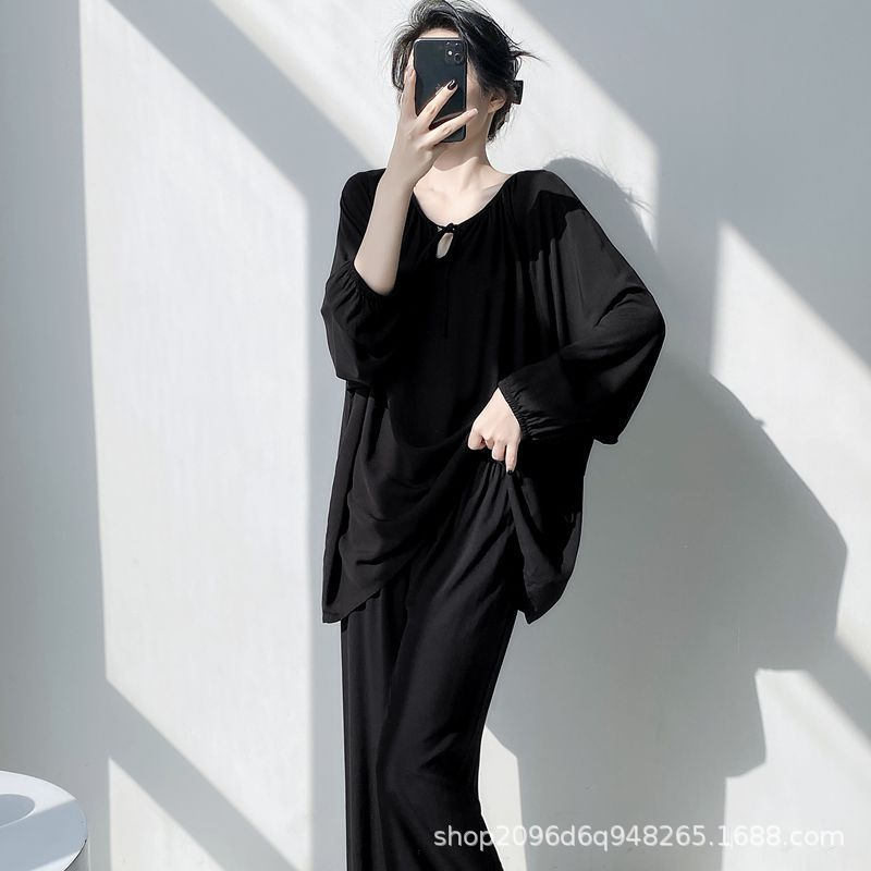 女性用パジャマ、春と秋の長袖人工綿シルク、国民風プリント、ゆったりとした大きいサイズの綿シルクホーム服セット、薄手|undefined