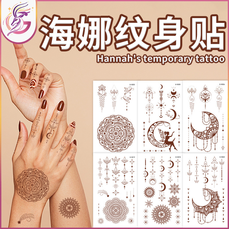 New India Henna Hand Painted Tattoo Sticker Simulation Cross-border Men and Women Brown Waterproof Hand Tattoo Sticker