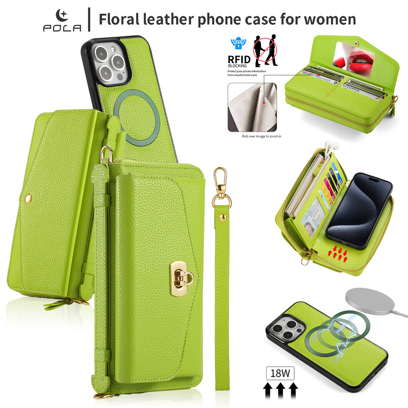 Pl Magnetic Lychee-Pattern Crossbody Wallet Leather Case Suitable for Apple 17 Phone Case 16Promax Handheld Xr14 Card Holder