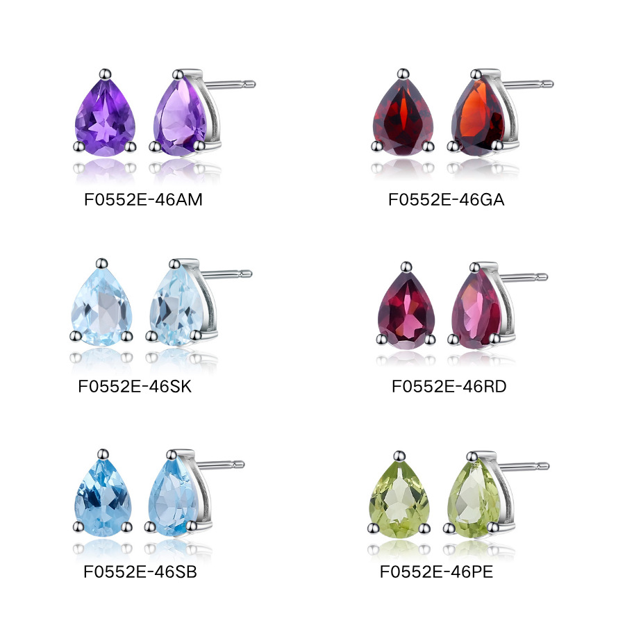 Elegant multicolored gemstone earrings, S925 sterling silver inlaid with topaz, garnet, peridot, and amethyst, simple design