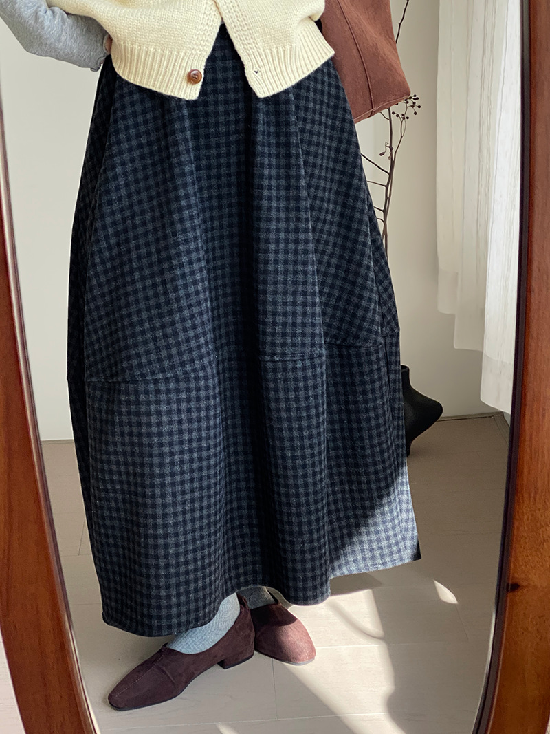 つぼみスカート3.0! レトロ40ウール格子スカート女性文芸森系毛ロングスカート2135-2