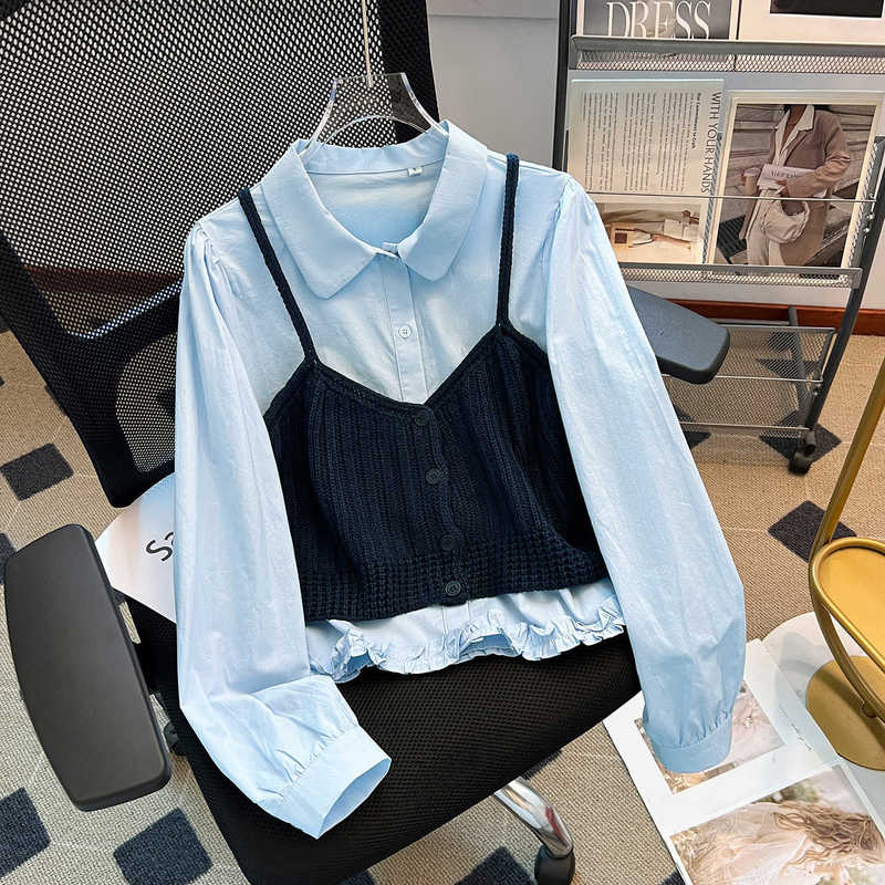 蓝色长袖衬衫搭配吊带背心女2025早秋新款小个子穿搭一整两件套装|undefined
