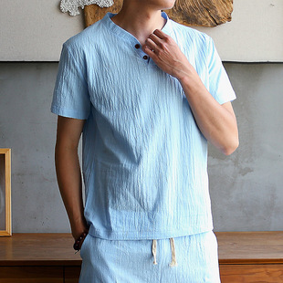 Summer Chinese style cotton and linen short-sleeved T-shirt men's Chinese style linen top plus size loose linen T-shirt men's batch