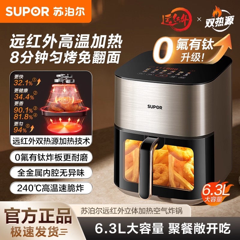 Carefully Selected - Supor Visual Air Fryer for Home Use, 6.3L Large Capacity, Far-Infrared Dual Heat Source, No Need to Turn Over, Multi-Functional