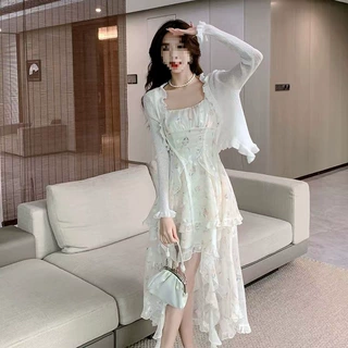 法式茶歇甜美碎花吊带连衣裙女春夏设计感公主风仙女不规则中长裙