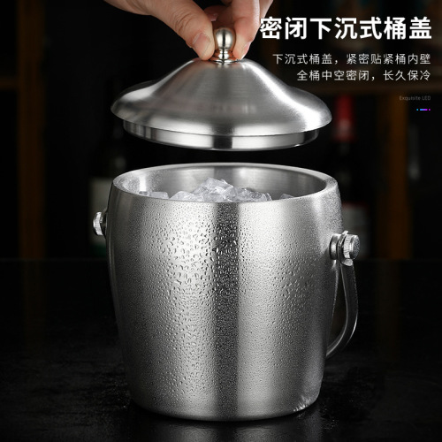 Stainless steel double-layer insulated ice bucket with carrying handle, lid, for bar, KTV, beer, red wine, champagne, ice cube bucket