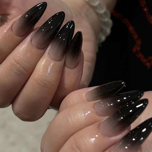 European and American Halloween Wearable Nails Black French Gradient Manicure Short Almond Reusable Nails Fake Nails
