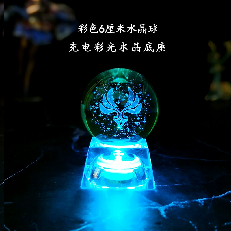 Ночная лампа кристальный шар (Genshin Impact), 3D-гравировка семи стихий, LED или деревянная подставка