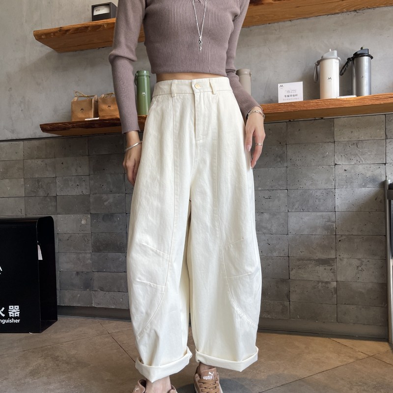 100纯棉早秋韩版洋气九分阔腿弯刀裤女高腰气球裤显瘦休闲裤子|undefined