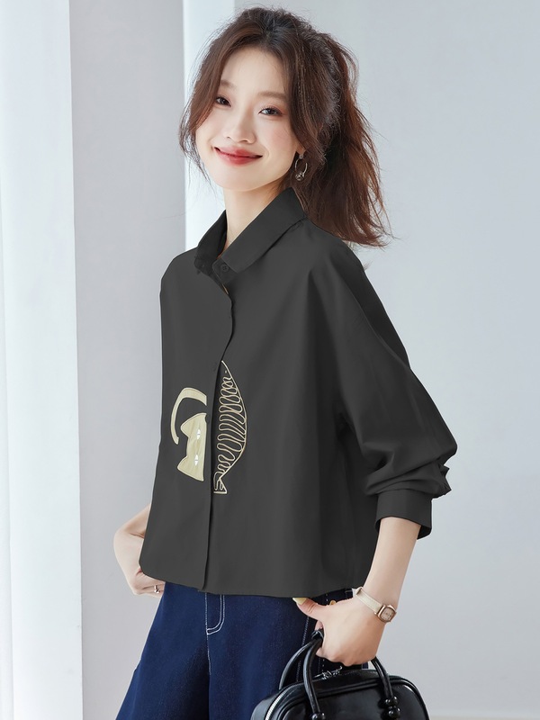 秋季卡通刺绣衬衫2025早秋新款女装翻领宽松上衣减龄漂亮长袖衬衣|undefined