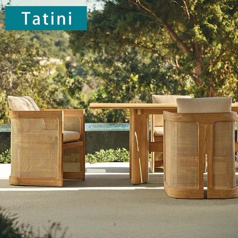 Mesa y silla de madera maciza al aire libre, patio villa, mesa larga de ocio al aire libre, terraza de jardín al aire libre, combinación de mesa impermeable y protector solar