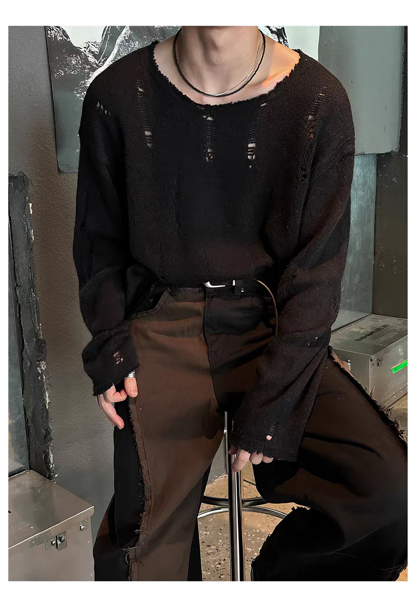 Herrenbekleidung: Herren-Strickpullover im Used-Look mit Spitzenbesatz und übergroßem Kragen – Trendiger Langarmpullover für Streetwear und Lagenlook_voghion.com