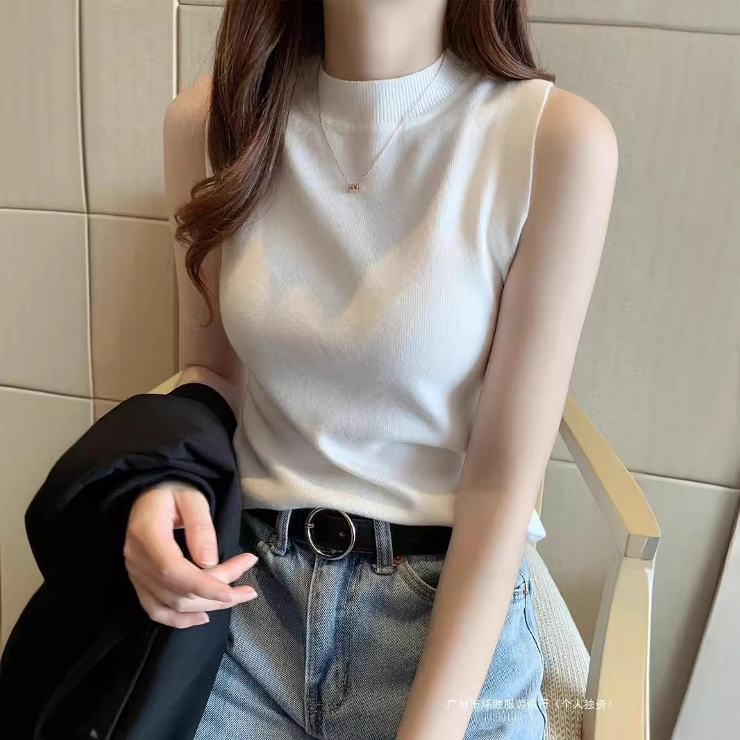 White Vest Ice Silk Knitwear T-Shirt for Women 2024 Spring and Summer Outer Wear Half Turtleneck Bottoming Short Sleeveless Top