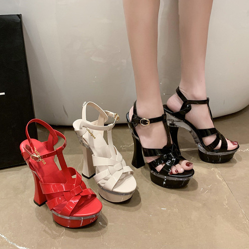 Daily Low-top Rubber Shoes with Thick Heel,  Pointed Toe Solid Color Sexy Cross Strap Fashion Sandals High Heels for Women