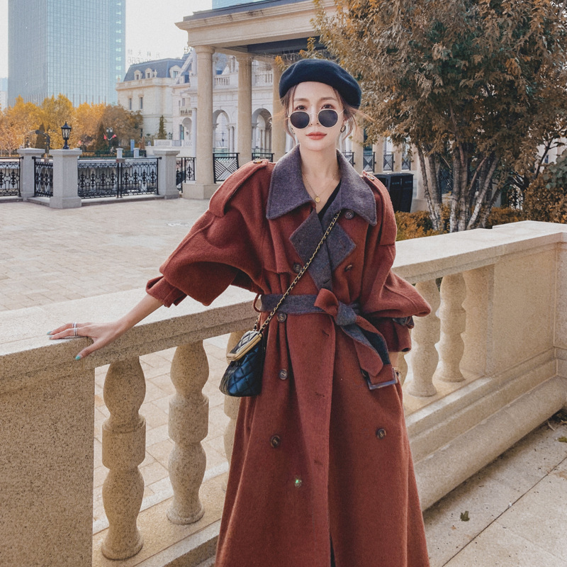 Brick Red Long Woolen Coat for Women's 2023 Winter Hot Selling New Thickened Korean High-end Feeling Hepburn Style Woolen Coat_voghion.com