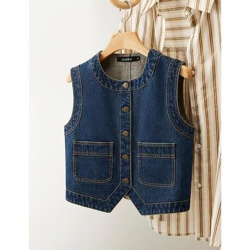 2025 Korean Summer Autumn Loose Retro Round Neck Denim Vest Backless Tank Top Outerwear Sleeveless Top Women Single Button Cross-border