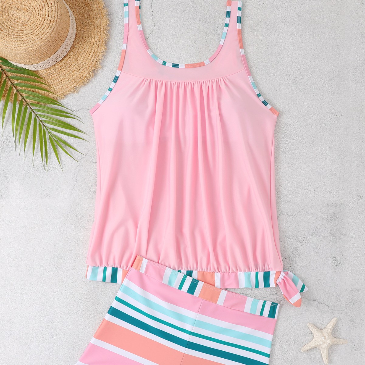 Tenglong 2025 Cross-Border European and American Export New Stripesd Printed Wide Shoulder Strap Boxer Briefs Tankini Split Women's Swimsuit