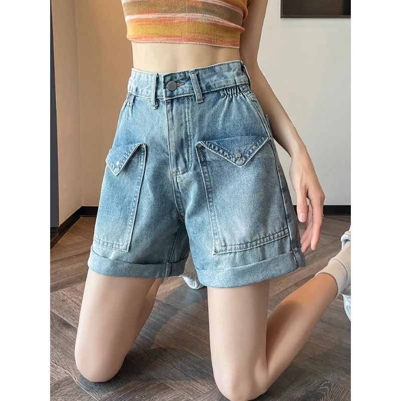 4-Point Denim Shorts for Women with Thick Legs, Hip-Covering and Slimming, Summer Thin High-Waisted A-Line Workwear Mid-Length Wide-Leg Shorts