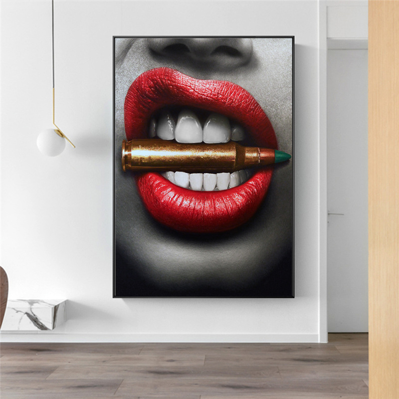 Beauty Red Lip Biting Dollar Bullet Canvas Painting Mural Poster Wall Art Bedroom Living Room Modern Decorative Painting