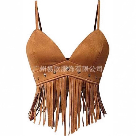 European and American Cross-Border Women's Y2K Tassel Sleeveless Spaghetti Strap Imitation Deerskin Retro Hippie Crop Top
