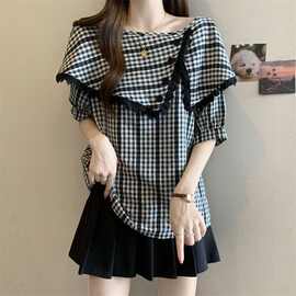 蕾丝拼接荷叶领格子短袖衬衫夏季新款大码女装胖mm显瘦遮肚子上衣