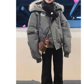秋冬季新款可拆卸毛领 工装慵懒风连帽派克棉服女装时尚洋气款